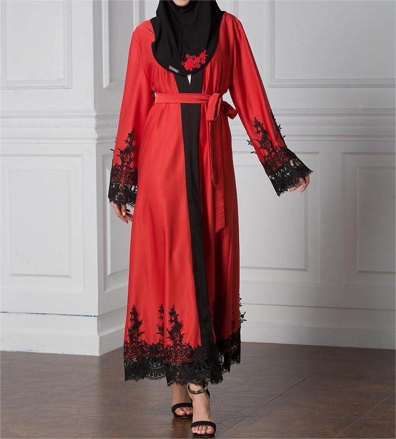 Muslim Fashion Lace Patchwork Loose Cardigan Robe For Women - Mubimart