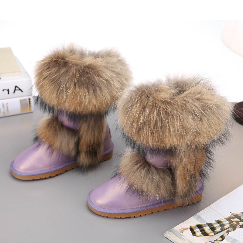 Women's Winter Mid-calf Fox Fur Snow Boots - Mubimart