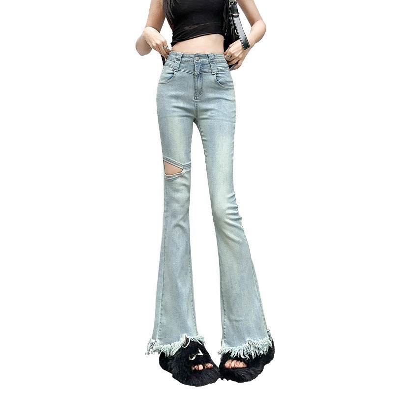 Fringed Burr Slightly Flared Jeans Women - Mubimart
