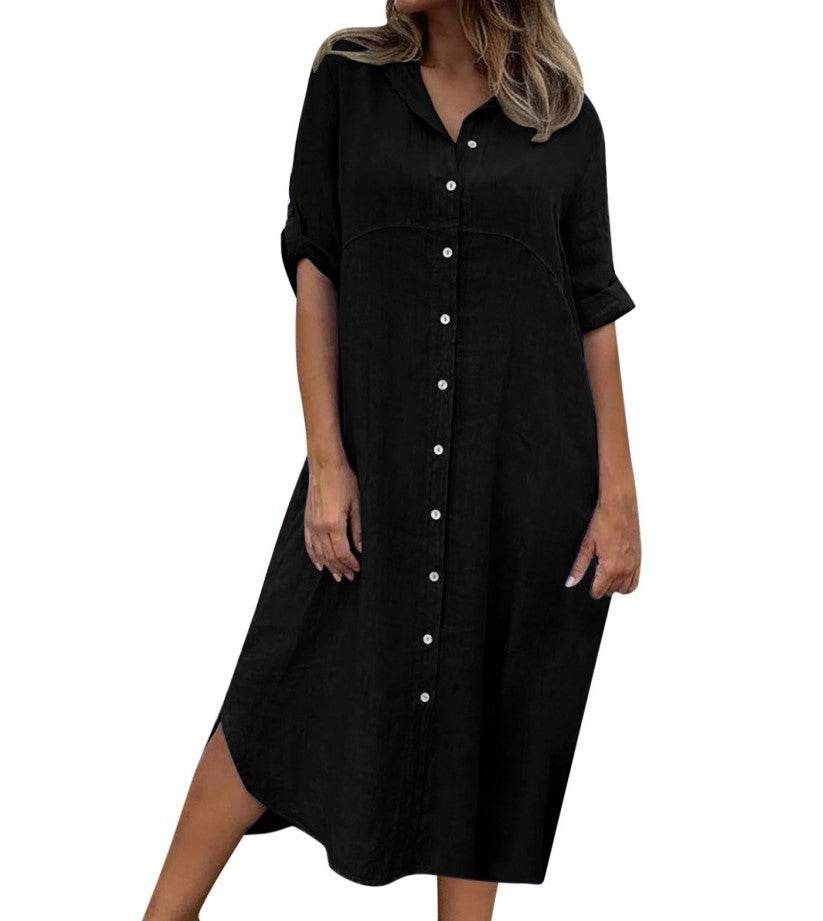 Plus Size Women's Cotton And Linen Shirt Dress - Mubimart