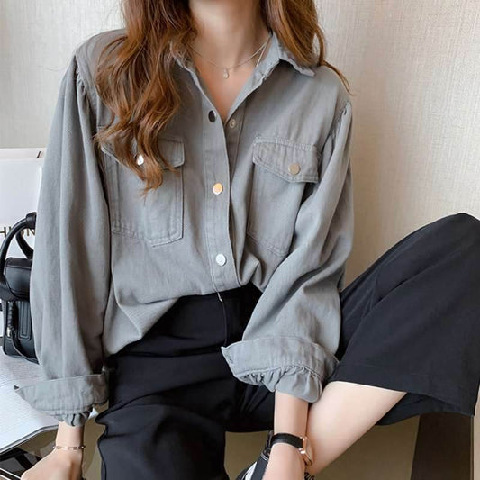 Blouses Shirts Women Spring Pockets Long Sleeve Fashion Solid Korean - Mubimart