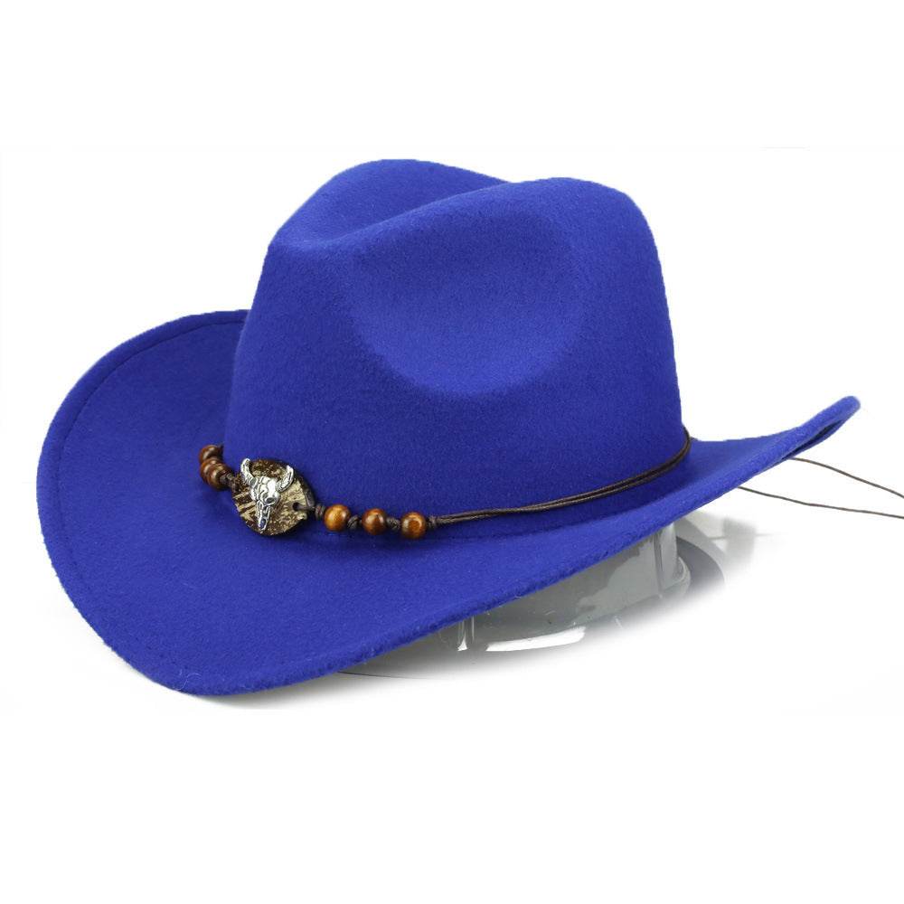 Western Cowboy Hat Wooden Bead Bull Head Fedora Hat - Mubimart