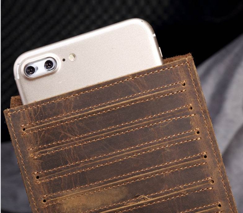 Men's Long Mobile Phone Bag Money Bag Head Layer Cowhide Crazy Ma Card Bag Wallet Card Clip Big Card Clip Thin - Mubimart