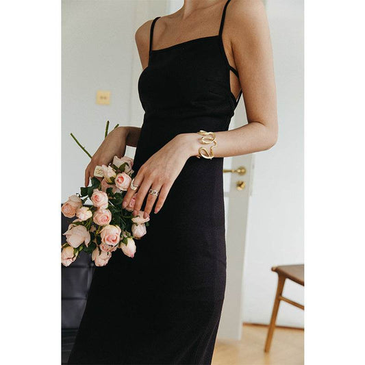 Women's Slip-Neck Black Slim Knit Slip Dress - Mubimart