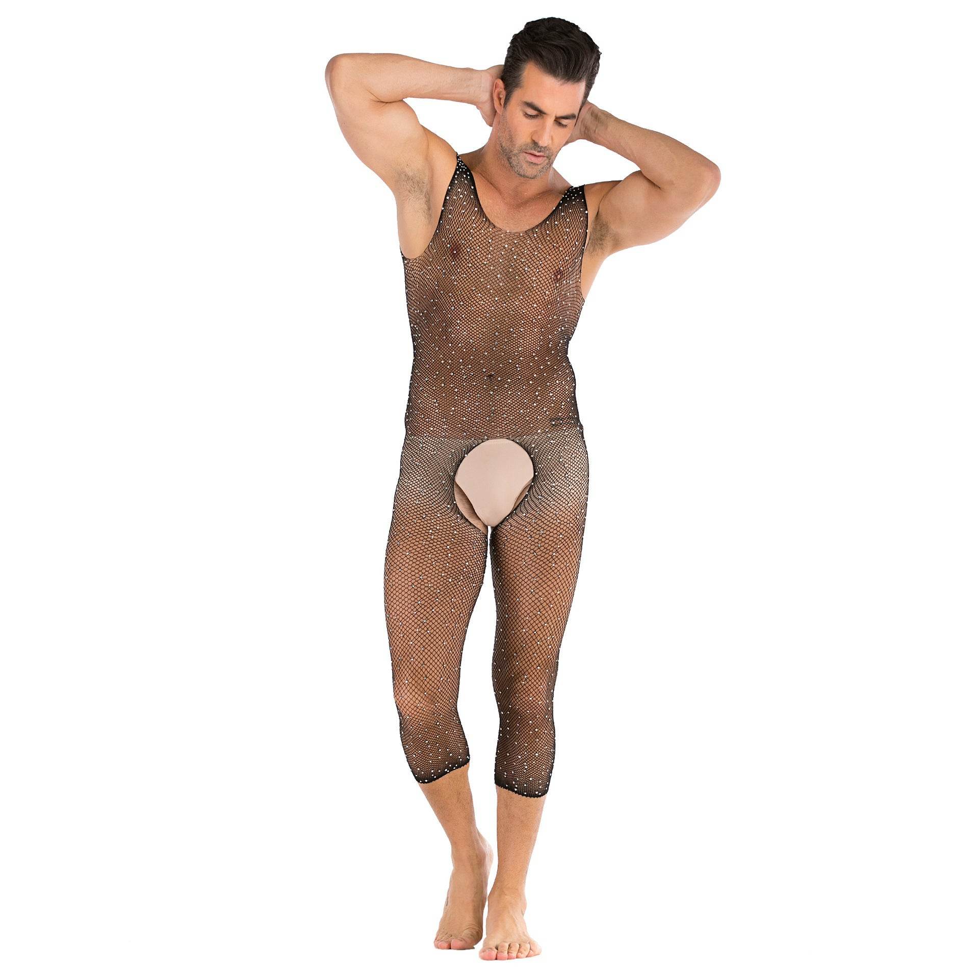 Mens Shiny Full Body Mesh Underwear With Diamonds - Mubimart