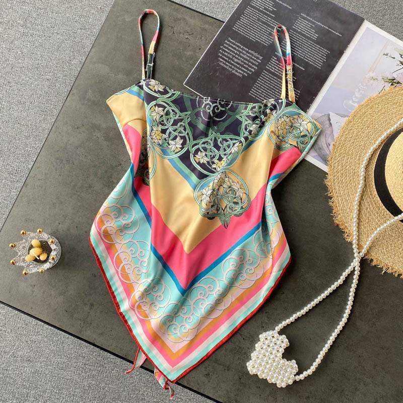 Abdominal Camisole Print Open-Back Top - Mubimart