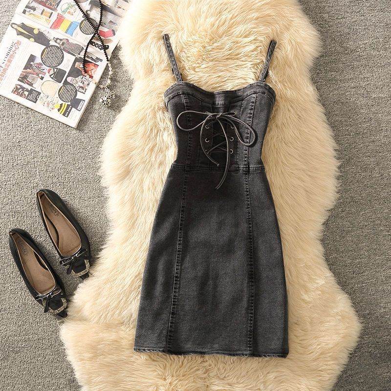 Summer Clothing Denim Braces Skirt Waist Trimming Lace Up Small Size Dress Suit - Mubimart