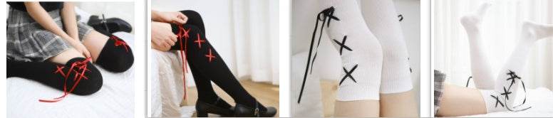 Over The Knee Socks Black And White Cross Ribbon Thigh Socks Female High Socks - Mubimart