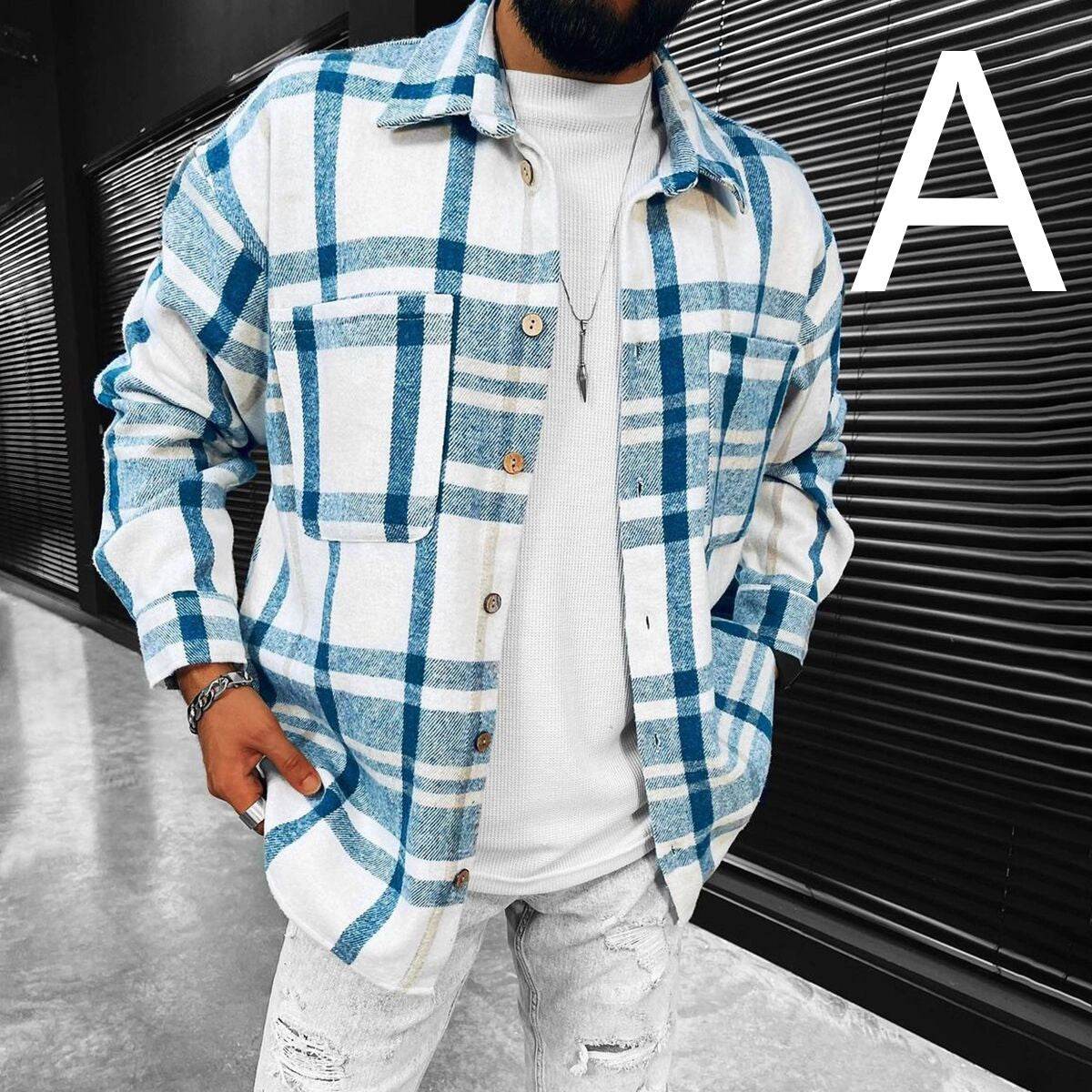 Men's Long Sleeve Plaid Shirt Jacket - Mubimart
