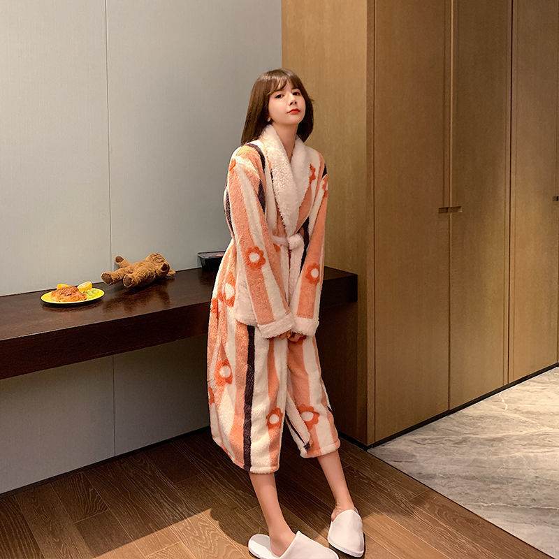 Winter Nightgown Women Coral Fleece Plus Velvet Thick Bathrobe Cute - Mubimart