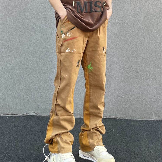Khaki Men's Vibe Style Splattered Ink Graffiti Micro Flared Pants - Mubimart