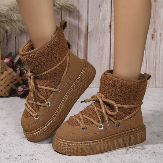 Fashion Lace-up Snow Boots Winter Flat Thick-soled Height-enhancing Cotton Shoes For Women Casual Warm Short Boot - Mubimart