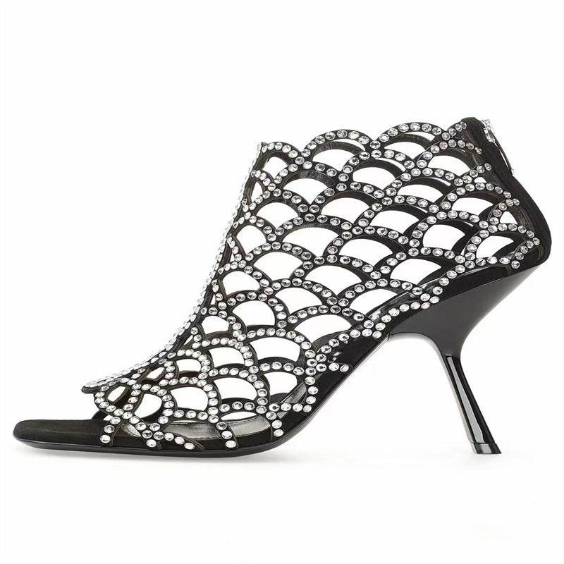 Women's Peep Toe Rhinestone Hollow High Heels - Mubimart