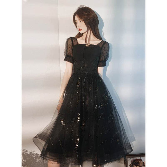 Black Sparkly Lace Cocktail Mini Prom Dress Evening Dress - Mubimart