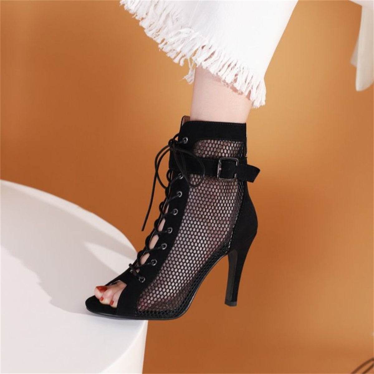 Stylish Peep Toe Hollow Mesh Cross Lace-up Buckle Dance High Heels - Mubimart