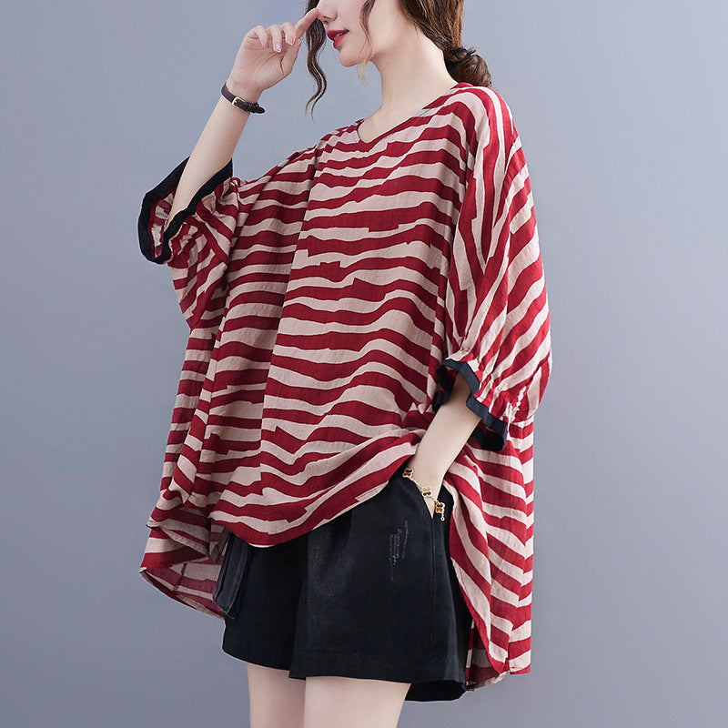 Summer Women's Loose Plus Size Striped Batwing Sleeve T-shirt - Mubimart -  