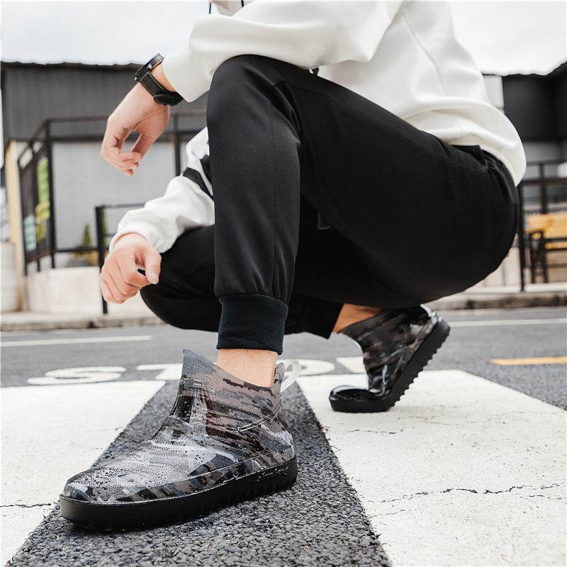 Four Seasons Rain Boots Women Short Tube Plus Velvet Rain Boots Fashion Waterproof Shoes - Mubimart