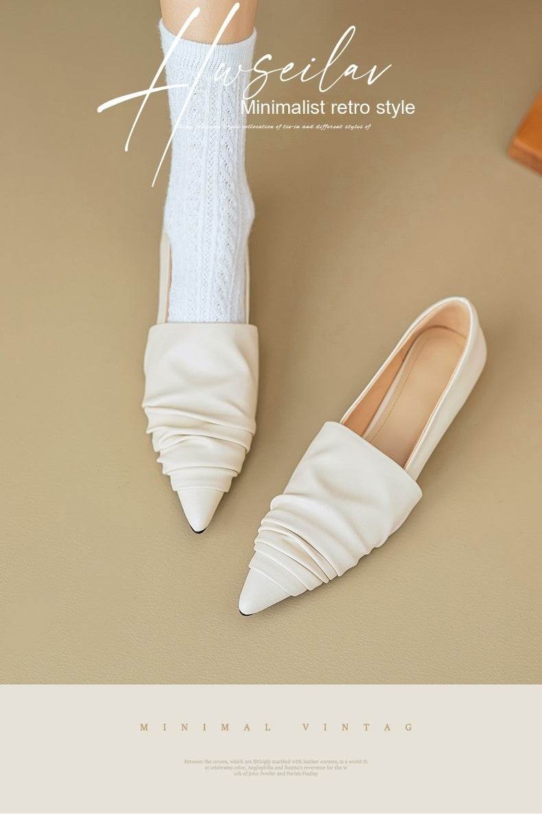 Pointed-toe Low Heel Flat Shoes Black Creamy-white - Mubimart
