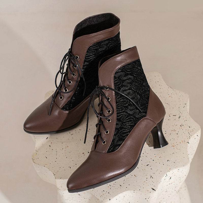 Kitten Heel Booties Women's Autumn And Winter Lace Hollow-out Front Lace-up - Mubimart