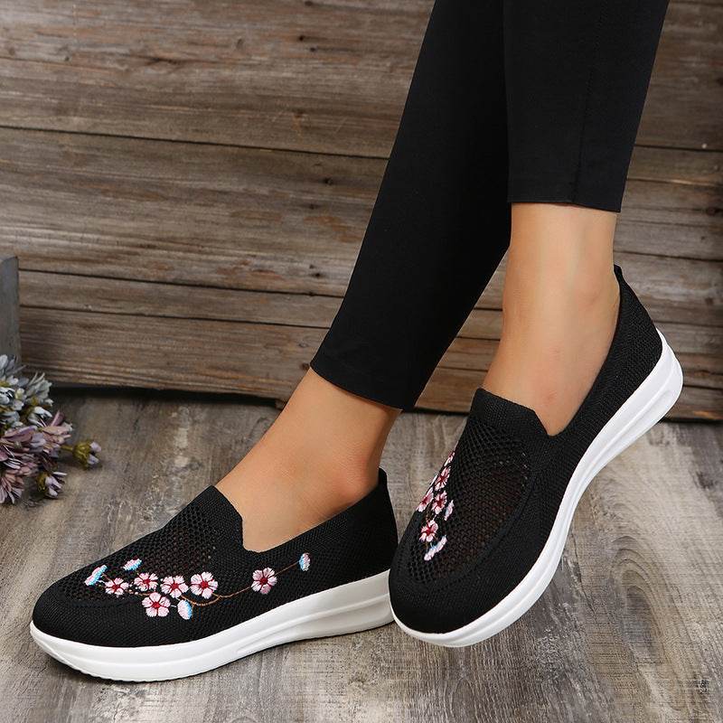 Loafers Women Flowers Embroidery Shoes Breathable Mesh Flats - Mubimart