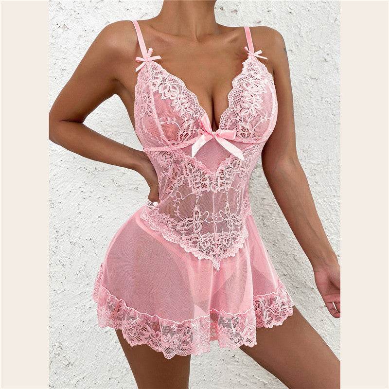 See-through Lingerie Plus Size Net Lace Seduction Pajamas Suit - Mubimart