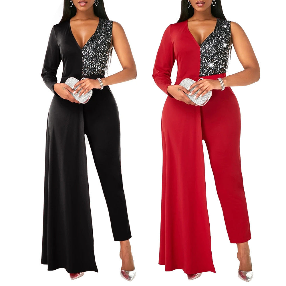 V-neck Sequin Covered Hip Plus Size Jumpsuit - Mubimart - Plus Size Jumpsuit 