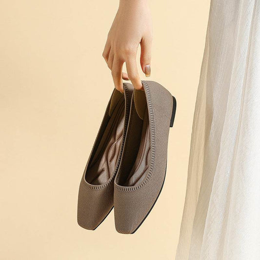 Gold Silk Color Matching Pointed Toe Shallow Mouth Square Toe Flat Shoes - Mubimart