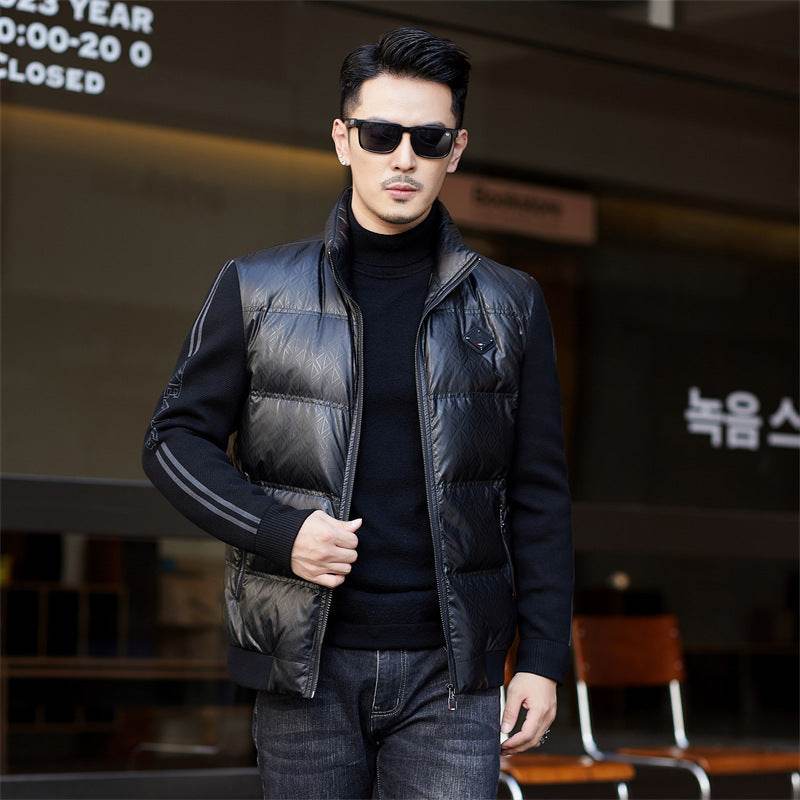 Down Jacket Men's Stand Collar Knitted Sleeve Casual Duck Down Coat - Mubimart