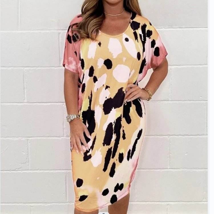 Plus Size Women's Printed Casual Short Sleeve Dress - Mubimart