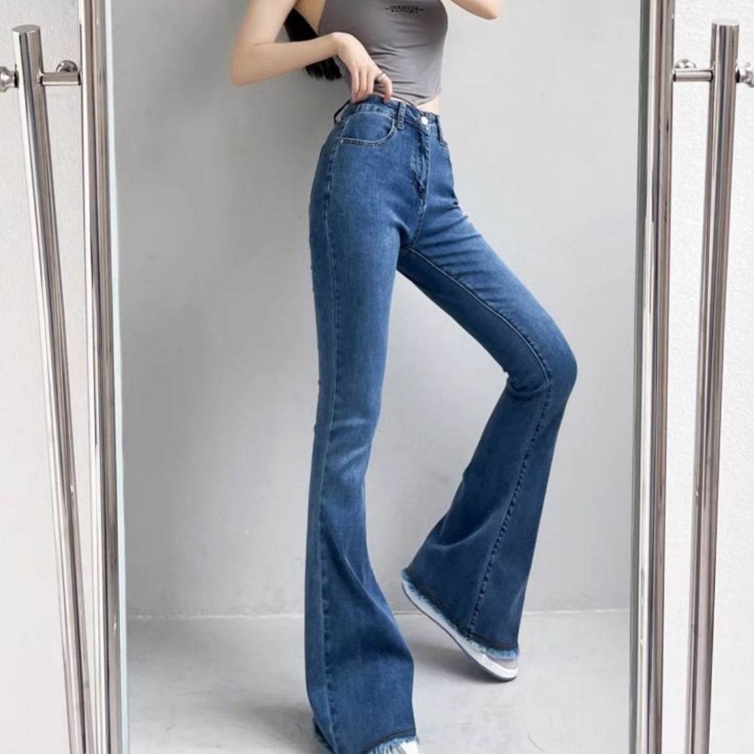 Autumn And Winter Fashion Small High Waist Raw Hem Jeans Retro Distressed Small Man Stretchy Wide-leg Slim Flare Pants - Mubimart