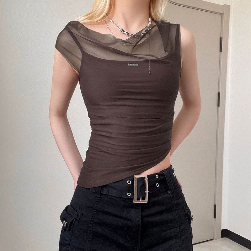 Mesh Spliced Irregular Strap Tank Top For Women - Mubimart