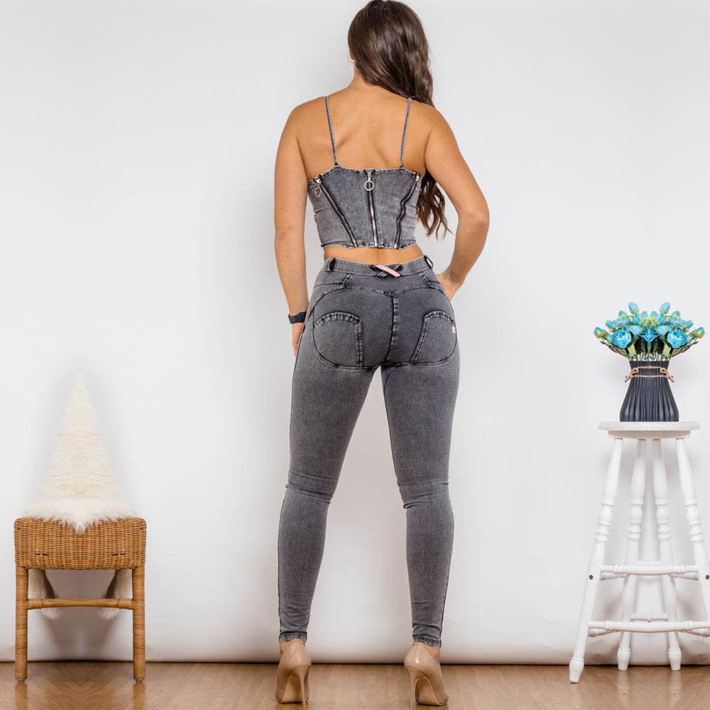 Shascullfites Shaper Suit Grey Denim Zipper Shaper Push Up Top Middle Waist Skinny Jeans Sets Of Women 2 Pieces Elegant - Mubimart