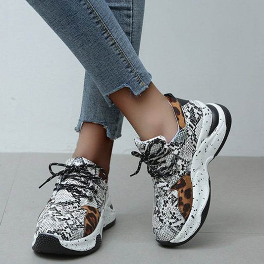 Leopard Print Sneakers Women Lace Up Walking Running Sports Shoes - Mubimart