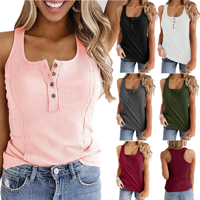 Solid Color Button Sleeveless Tank Top T Shirt Women - Mubimart - Tank Top 