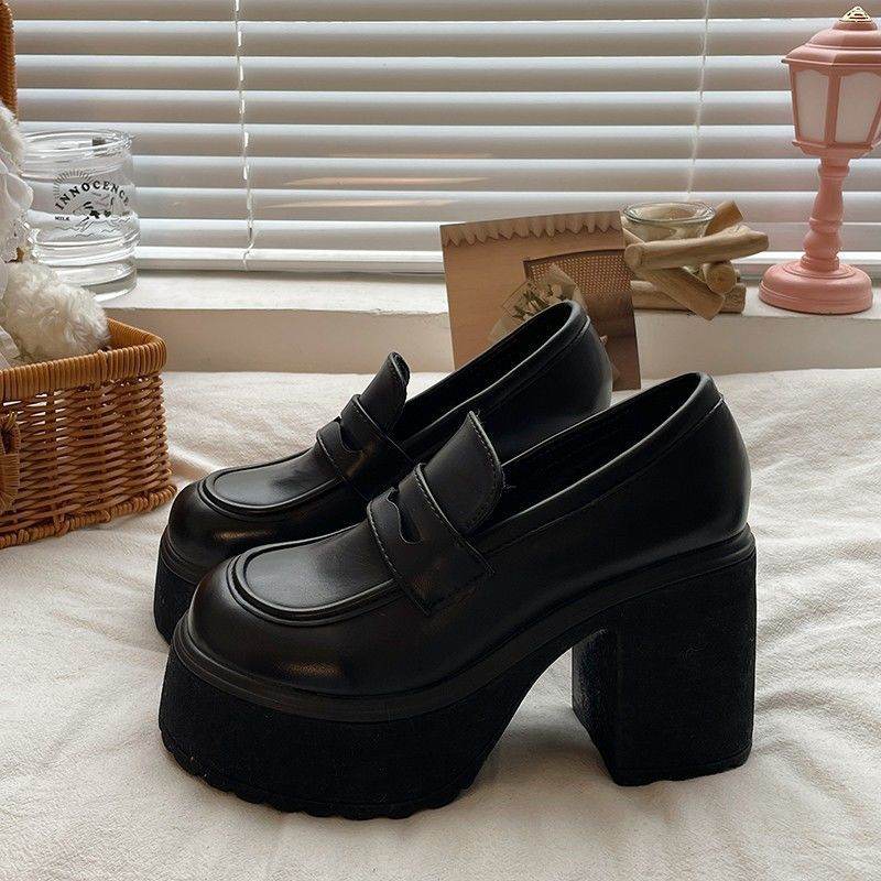 Mary Jane Short Heel High Heels Small Height-increasing British Platform Loafers Leather Shoes For Women - Mubimart