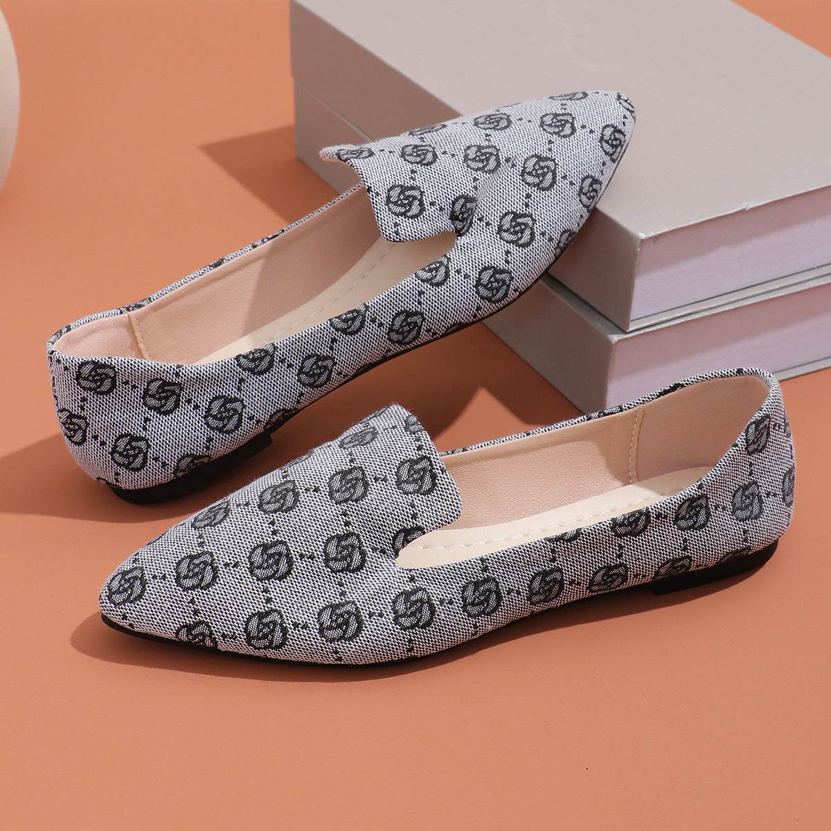 Rose Print Flats Shoes Fashion Casual Pointed Toe Canvas Loafers Lazy Shoes For Women - Mubimart