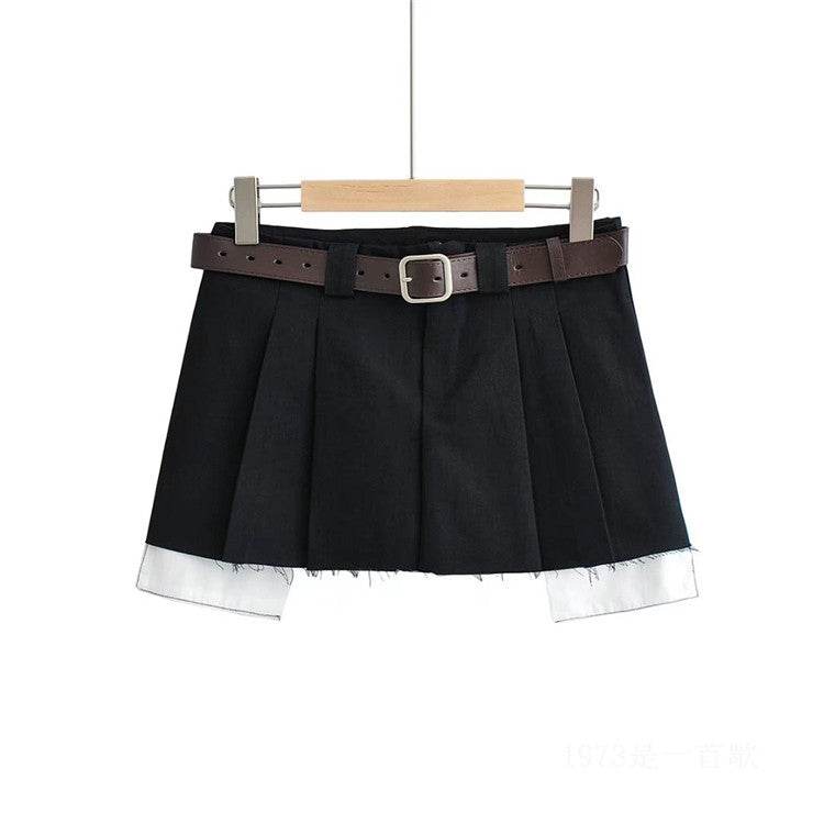 Fake Two-piece Low-waisted Workwear Pleated Skirt - Mubimart