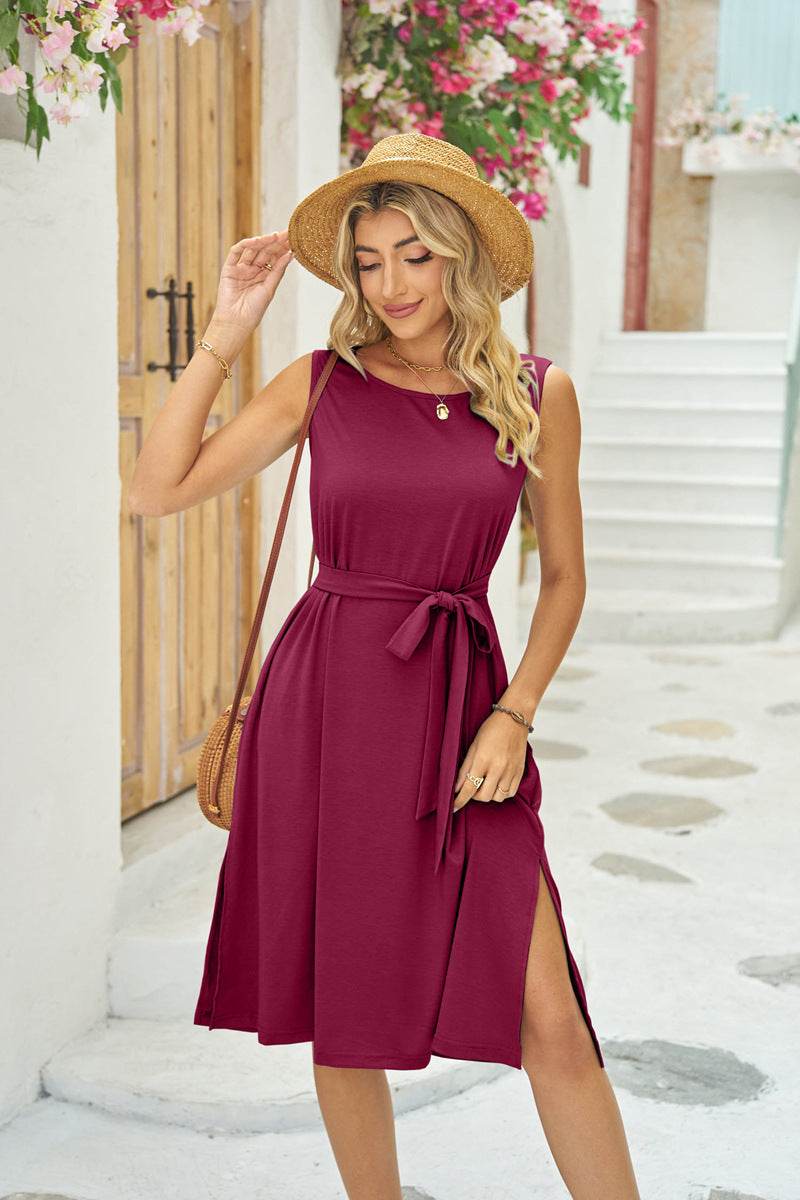 Summer Sleeveless Dress With Pockets Waist Lace-up Slits Dresses Fashion Womens Clothing - Mubimart