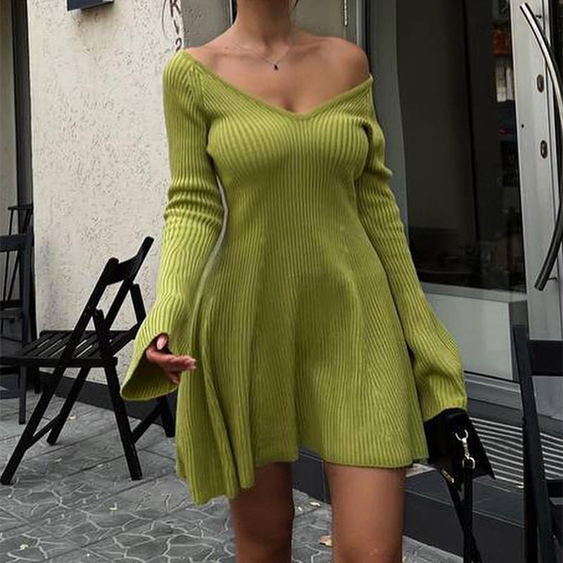 Sexy Slim V-Neck Long Sleeve Knitted Dress Fashion Tight High Elastic Ruffle A-Line Short Dresses Y2K Skirt Womens Clothing - Mubimart -  