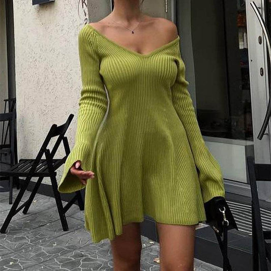 Sexy Slim V-Neck Long Sleeve Knitted Dress Fashion Tight High Elastic Ruffle A-Line Short Dresses Y2K Skirt Womens Clothing - Mubimart