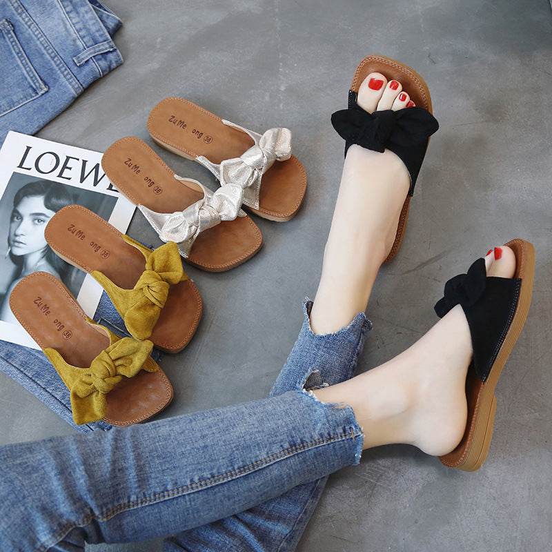 Sweet Summer Casual Bowknot Student Shoes Slippers Flat Bottom Comfort - Mubimart