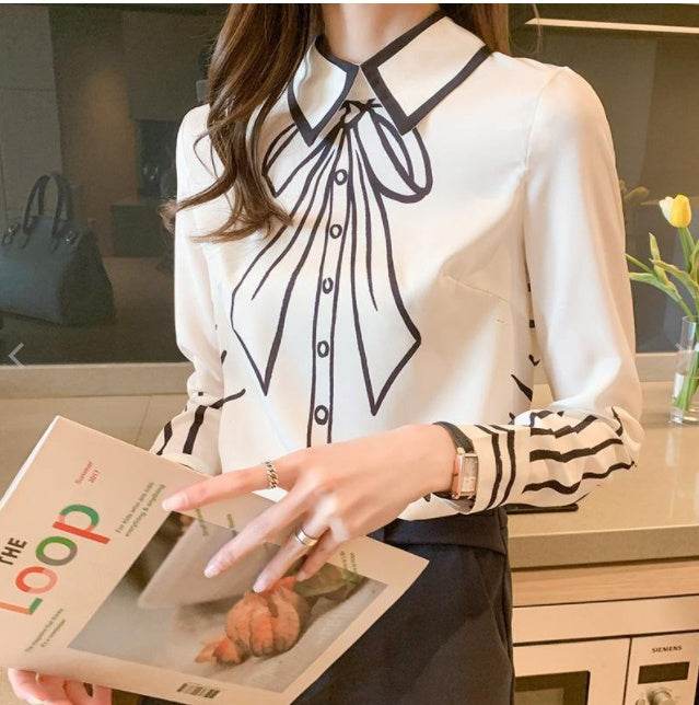 Silk Blouse Women Fake Bow-knot Printing Blouse Satin Silk Long-sleeved Shirt - Mubimart