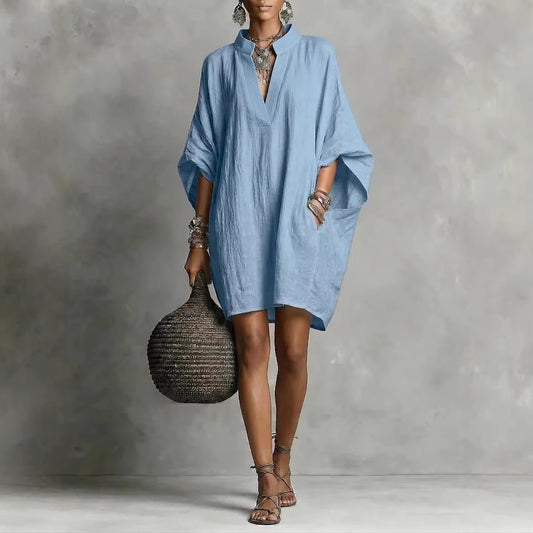 Womens Spring Summer Casual Mid-Sleeve Solid-Color Dress