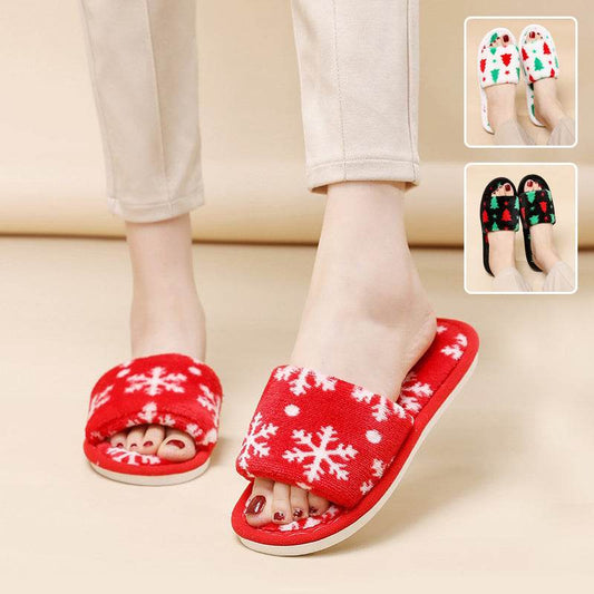 Christmas Tree Home Slippers Fashion Floor Bedroom Open-toe Plush Slippers For Women Fuzzy House Shoes - Mubimart