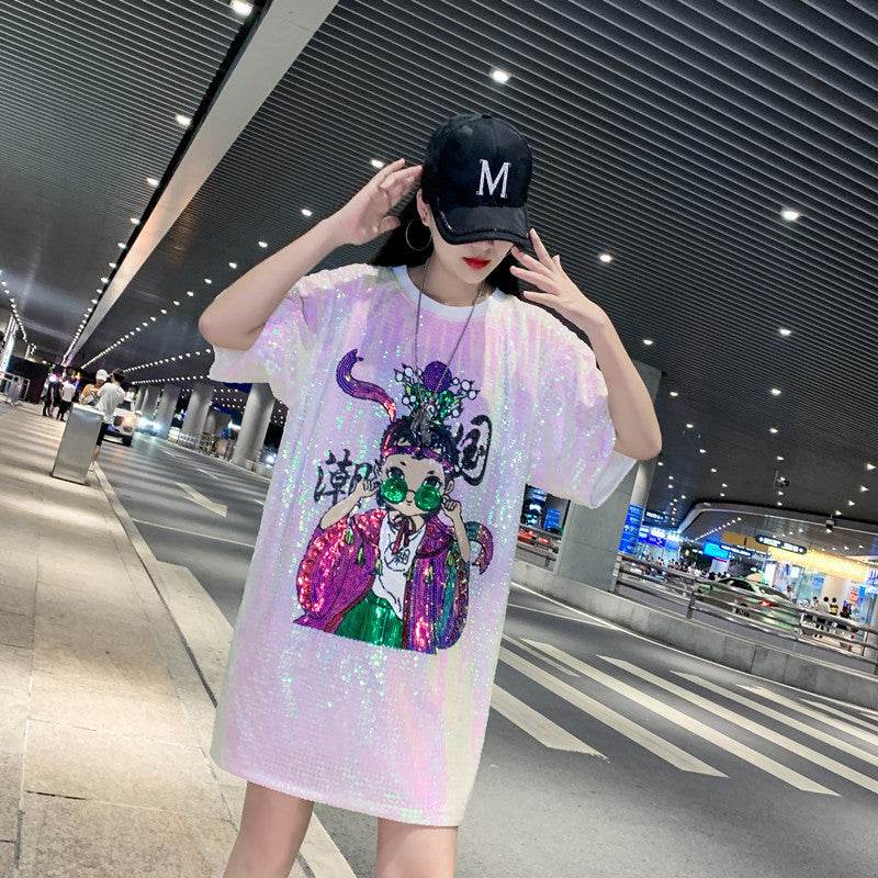 Summer New Plus Size Women's Loose Beaded Sequined T-shirt Dress - Mubimart
