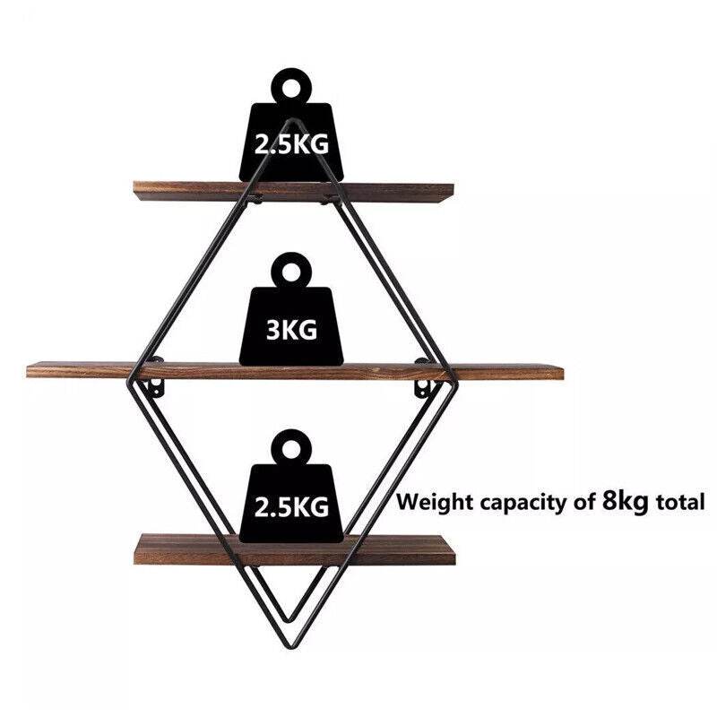 3 Tiered Floating Wall Mounted Display Shelf Wooden Shelves Black Frame Shelving - Mubimart