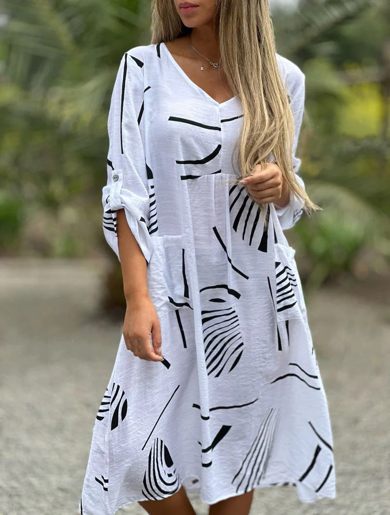 Fashion Printed V Neck Long Sleeve Dress Casual Loose Straight Dress Women's Clothing - Mubimart -  