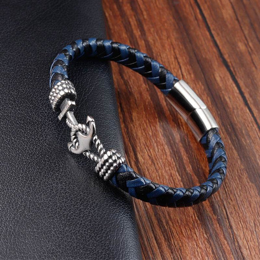 Mens Titanium Steel Bracelet Leather Braided Anchor - Mubimart