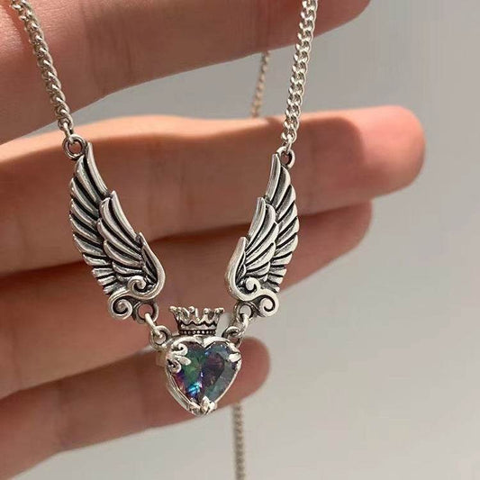 Vintage Gothic Heart Crown Angel Wings Pendant Necklaces For Women Fashion Exquisite Love Shape Clavicle Chain Choker Jewelry Fashion Jewelry - Mubimart