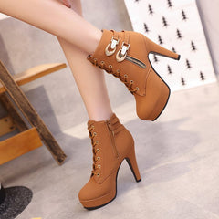 Korean Style Short Tube And Ankle Boots Women Fashion High Heels European And American Popular Lace-up Shoes Women